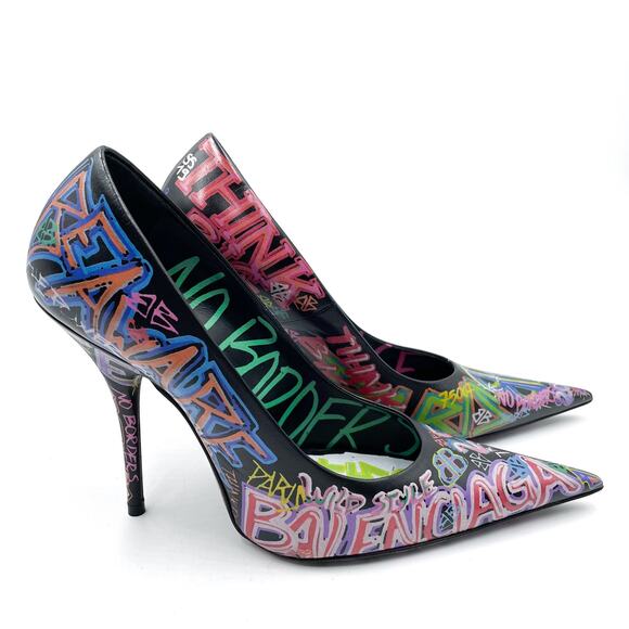 Balenciaga Graffiti Knife Pumps Black Leather Heels Pointed Sz 37.5 / 7.5 US - Picture 4 of 12
